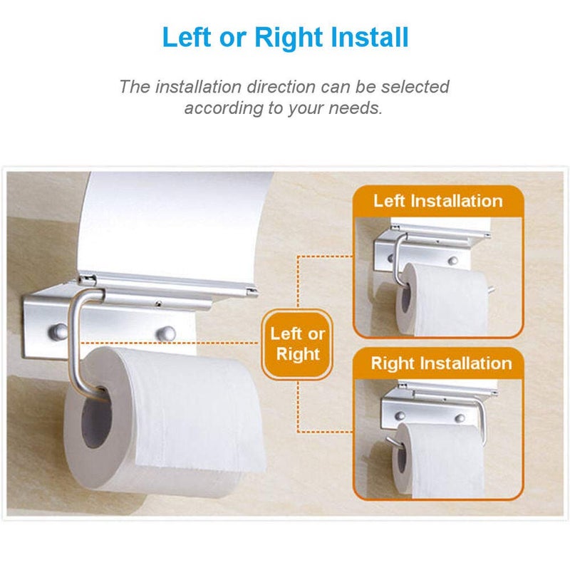 AYADA Toilet Paper Holder Wall Mounted with Phone Shelf Tray for Bathroom Restroom Hotel,Aluminum TP Holder Wall Mount with Cover Lid Metal Modern Rust Free Universal Tissue fit Mega Roll, Matte Silver - Image 4